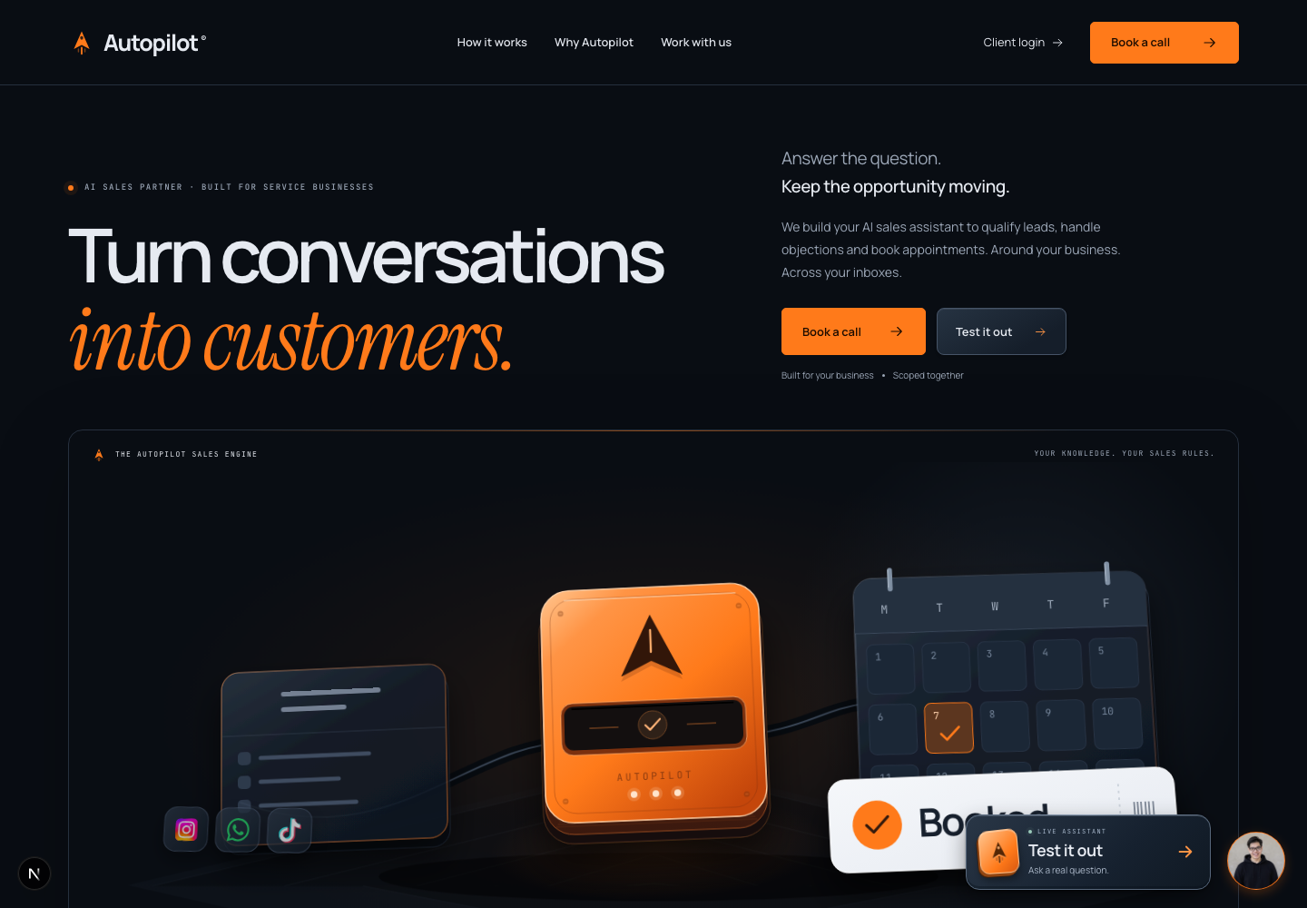Autopilot homepage: Turn conversations into customers, with an AI sales engine connecting conversations to booked appointments.